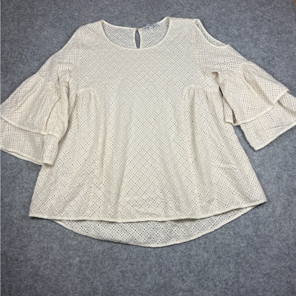 Lumie Cream Eyelet Blouse Cold Shoulder Tiered Bell Sleeve Boho Top
